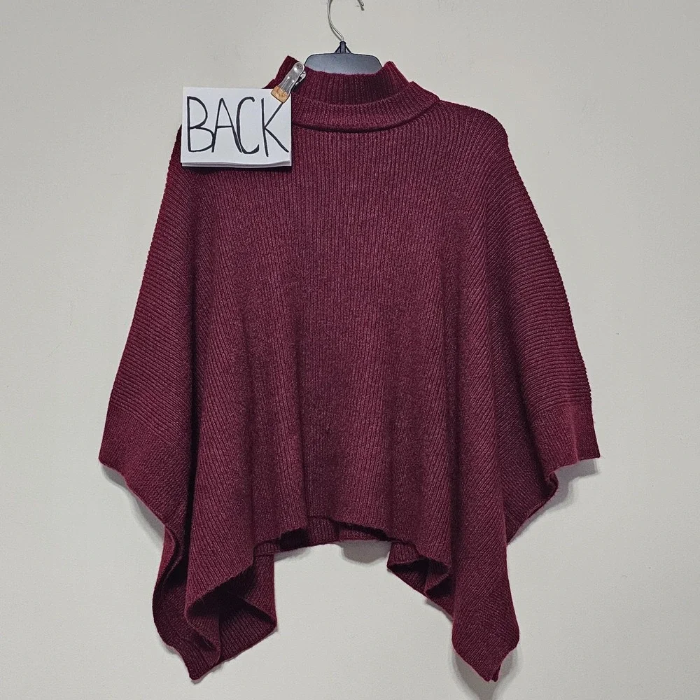 Sasso+Smyth Women Poncho Sweater One Size Burgundy Long Sleeves Turtle Neck 1089